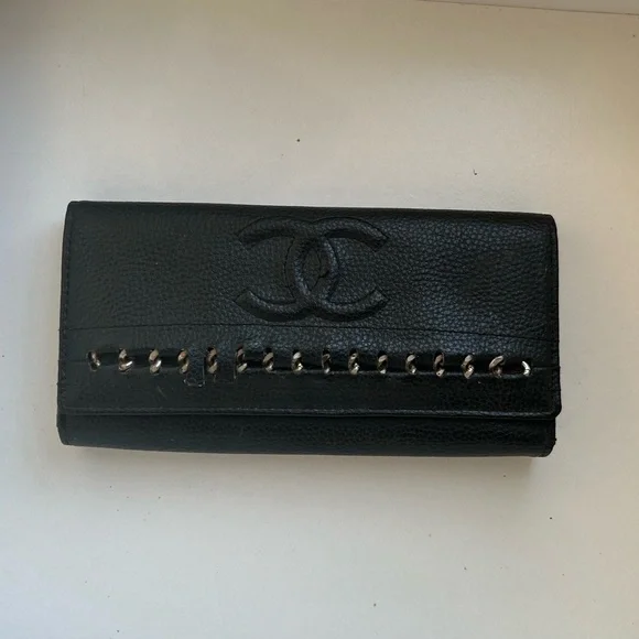Vintage Chanel CC Logo Black Caviar Leather Wallet Designer Authentic Trifold - Picture 5 of 14